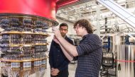 A handout picture from October 2019 shows Sundar Pichai and Daniel Sank (R) with one of Google's Quantum Computers in the Santa Barbara lab, California, U.S. Picture taken in October 2019. Google/Handout via REUTERS 