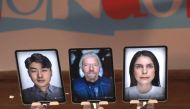 New artificial intelligence avatars of Sir Richard Branson and two activists, Laura Ulloa and Geum Hyok Kim, interact at the One Young World Conference in London on 25 October, 2019.