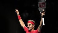 Swiss Roger Federer celebrates his victory during the final match at the Swiss Indoors tennis tournament in Basel on October 27, 2019. / AFP / FABRICE COFFRINI