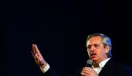President elect of Argentina Alberto Fernandez delivers a speech to supporters at the party's headquarters in Buenos Aires on October 27, 2019.  AFP / Ronaldo Schemidt 