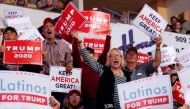 Members of the audience look on as Donald Trump delivers remarks at a Keep America Great rally at the Santa Ana Star Center in Rio Rancho, New Mexico, on September 16, 2019. Reuters/Tom Brenner
 
