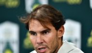 Rafael Nadal of Spain makes a statement to announce his withdrawal from his men's singles semi-final tennis match after got injured during the Rolex Paris Masters tennis tournament at AccorHotels Arena in Paris, France on November 02, 2019. ( Mustafa Yalç