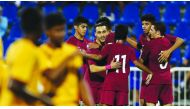 Qatari players celebrate after scoring a goal against Sri Lanka during their AFC U-19 Championship Qualifier in Doha, yesterday. Qatar won 5-1. 