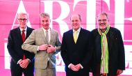 CEO Generali Germany and global sponsor Arte Generali, Giovanni Liverani, Italian artist, Maurizio Cattelan, Generali Group CEO, Philippe Donnet and Italian creative director and photographer, Oliviero Toscani pose during the launch of 