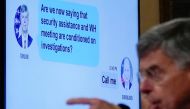 A text exchange between Ambassador Bill Taylor, charge d'affaires at the U.S. embassy in Ukraine, and U.S. Ambassador to the E.U. Gordon Sondland shows on a screen as Taylor (R) testifies before a House Intelligence Committee hearing as part of the impeac