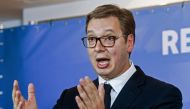 President of Serbia Aleksandar Vucic attends a news conference during the Regional Meeting Western Balkans in Ohrid on November 10, 2019. Western Balkan leaders meet on November 10, 2019 to discuss concrete organisation after they signed on October 11, 20