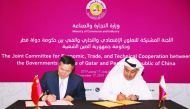 H E Ali bin Ahmed Al Kuwari (right), Minister of Commerce and Industry; and Qian Keming, China’s Vice-Minister of Commerce, signing minutes of the meeting.