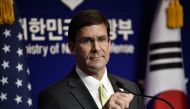 US Defense Secretary Mark Esper attends a joint press conference with South Korean Defence Minister Jeong Kyeong-doo after the 51st Security Consultative Meeting (SCM) at the Defence Ministry in Seoul on November 15, 2019. / AFP / pool / JUNG YEON-JE
