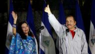 Nicaragua president Daniel Ortegashows his ink stained thumb to the media beside his wife Rosario Murillo after they casting their vote in Managua November 6, 2016. Reuters / Oswaldo Rivas