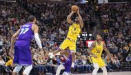 Nov 22, 2019; Salt Lake City, UT, USA; Golden State Warriors guard Alec Burks (8) shoots the ball against the Utah Jazz during the second quarter at Vivint Smart Home Arena. Mandatory Credit: Rob Gray-USA TODAY Sports 