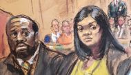 Michael Thomas and Tova Noel appear on charges they falsely certified to having conducted inmate counts during the final hours of Jeffrey Epstein at the Federal Court in New York, November 25, 2019 in this courtroom sketch. Reuters/Jane Rosenberg
 