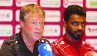 Oman’s head coach Erwin Koeman (left) speaks during a pre-match press conference in Doha yesterday, on the eve of their opening match of the 24th Arabian Gulf Cup against Bahrain. 
