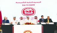 Mohamad Moataz Mhd Ruslan Al Khayyat (fourth left), Chairman, Baladna Company and other board members and officials during the General Assembly, yesterday.