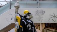 A 'Statue of Democracy' is seen in a hallway of the Hong Kong Polytechnic University in the Hung Hom district of Hong Kong on November 26, 2019, over a week after police surrounded the building while protesters were still barricaded inside. AFP / Anthony 