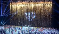 Performers take part as a digital fireworks fountain is shown during the opening ceremony of the SEA Games (Southeast Asian Games) at the Philippine Arena in Bocaue, Bulacan province, north of Manila on November 30, 2019. / AFP / Ted ALJIBE