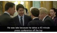 Canadian Prime Minister Justin Trudeau speaks with French President Emmanuel Macron, British Prime Minister Boris Johnson and Dutch Prime Minister Mark Rutte ahead of the NATO summit, at a reception at Buckingham Palace in London, Britain December 3, 2019