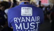 FILE PHOTO: Ryanair Airlines employees stage a protest after strike call for 24 hours demanding wage increase at the Adolfo Suarez Madrid-Barajas Airport on September 28, 2018. Burak Akbulut / Anadolu Agency