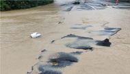 Floodwaters are seen on a cracked road on State Highway 58 in Judgeford, New Zealand December 8, 2019 in this picture obtained from social media. STEVE AND LISA KOVACS /via REUTERS