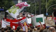 Protesters march during the G20 Not Welcome protests against G20 Leaders Summit on its second day in Hamburg, Germany, on July 08, 2017. Michele Tantussi / Anadolu Agency