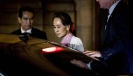 Nobel peace laureate Aung San Suu Kyi, leaves the Peace Palace in The Hague, Netherlands, on December 12, 2019. AFP / ANP / Koen Van Weel  