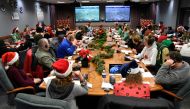 This photo released by the US Airforce, shows NORAD Tracks Santa Operation Center on Peterson Air Force Base, Colorado on December 24, 2019. AFP/ US Airfroce / Staff Sgt. Alexandra M Longfellow 
