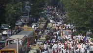 Congress Party activists and supporters take part in a rally to commemorate the party's 134th foundation day and to protest against India's new citizenship law in Mumbai on December 28, 2019. / AFP / Indranil MUKHERJEE