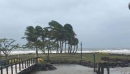 Trees buffeted by strong winds are seen near a beach during tropical cyclone Sarai in Viseisei, Fiji December 27, 2019 in this picture obtained from social media. Picture taken December 27, 2019. YOGACHARYA P R MOHANAN /via REUTERS 