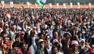 Congress Party activists and supporters shout slogans during a rally against India's new citizenship law, in Guwahati on December 28, 2019. (AFP / Jewel SAMAD)