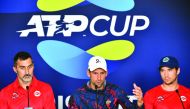Members of Serbia's team (L to R) Nenad Zimonjic, Novak Djokovic and Dusan Lajovic attend a press conference ahead of the ATP Cup tennis tournament in Brisbane on January 2, 2020.  AFP / Saeed Khan