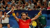 Spain's Rafael Nadal celebrates winning his Group B singles match against Uruguay's Pablo Cuevas REUTERS/Ciro De Luca