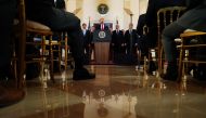 US President Donald Trump delivers a statement about Iran flanked by Secretary of Defense Mark Esper, Vice President Mike Pence, Secretary of State Mike Pompeo and military leaders in the Grand Foyer at the White House, January 8, 2020. Reuters/Kevin Lama