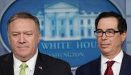 US Secretary of State Mike Pompeo and Treasury Secretary Steven Mnuchin announce new sanctions on Iran in the Brady Press Briefing Room of the White House in Washington, U.S., January 10, 2020. Reuters/Kevin Lamarque