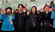 Presidential Office Secretary-General Chen Chu, Vice President-elect William Lai, incumbent Taiwan President Tsai Ing-wen and incumbent Vice President Chen Chien-jen celebrate at a rally after their election victory, outside the Democratic Progressive Par