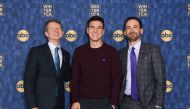 The three highest-earning Jeopardy! contestants of all time Ken Jennings (L), Brad Rutter (R) and James Holzhauer attend ABC's Winter TCA 2020 Press Tour in Pasadena, California, on January 8, 2020. / AFP / Valerie Macon