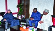 The Gambia’s Minister of Foreign Affairs, H E Dr Mamadou Tangara (centre); Qatar Chamber Second Vice-Chairman, Rashid bin Hamad Al Athba (left), and The Gambia’s Ambassador to Qatar, Foday Malang, during a meeting at the QC headquarters in Doha, yesterday