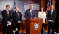 Senators Richard Blumenthal (D-CT), Chris Coons (D-DE), Senate Minority Leader Chuck Schumer (D-NY), Kamala Harris (D-CA) and Chris Van Hollen (D-MD) speak to journalists after the beginning of the impeachment trial of U.S. President Donald Trump on Capit