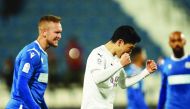 Nam Tae Hee (right) of Al Sadd celebrates scoring a goal against Al Khor during their QNB Stars League match at Al Khor Stadium yesterday.