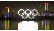 Fireworks light up the sky near the illuminated Olympic rings at a ceremony to mark six months before the start of the 2020 Olympic Games in Tokyo, Japan in this photo taken by Kyodo January 24, 2020. Mandatory credit Kyodo/via REUTERS 