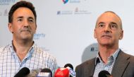 (L-R) The Royal Melbourne Hospital's Dr Julian Druce, Virus Identification Laboratory Head at the Doherty Institute and Dr Mike Catton, Deputy Director of the Doherty Institute address media to announce having successfully grown the Wuhan coronavirus from