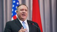 FILE PHOTO: US Secretary of State Mike Pompeo gestures as he speaks during a joint news conference with Belarus' Foreign Minister in Minsk on February 1, 2020. / AFP / KEVIN LAMARQUE
