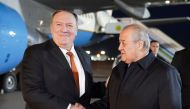 US Secretary of State Mike Pompeo(L) is greeted by Uzbekistan Foreign Minister Kamilov Abdulaziz Khafizovich upon arrival in Tashkent, Uzbekistan on February 2, 2020. AFP pool / Kevin Lamarque
 