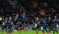 (From L) Inter Milan's English midfielder Ashley Young, Inter Milan's Danish midfielder Christian Eriksen, Inter Milan's Argentinian forward Lautaro Martinez, Inter Milan's Italian forward Sebastiano Esposito, Inter Milan's Italian midfielder Nicolo Barel