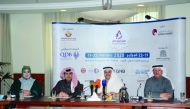Qatar Chamber Director-General Saleh bin Hamad Al Sharqi (second left), Kuwait Chamber Director-General Rabbah Abdulrahman Al Rabbah (second right) and others addressing a press conference held yesterday at the headquarters of the Kuwait Chamber.