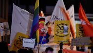 Protestors hold a rally outside the heahquaters of the Free Democratic Party (FDP) in Berlin on February 5, 2020. AFP / John MacDougall