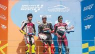 Saeed Al Sulaiti (centre), Abdulla Al Qubaisi (left) and Mishal Al Naimi at the presentation ceremony during the 4th Round of Qatar Superstock 600 at Losail International Circuit.