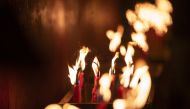 Candles are seen at the Lin Fa Kung temple during the Kwun Yum Treasury festival in Hong Kong, China on February 18, 2020. (Miguel Candela Poblacion / Anadolu Agency)
 
 
