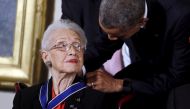 US President Barack Obama presents the Presidential Medal of Freedom to NASA mathematician Katherine G. Johnson during an event in the East Room of the White House in Washington November 24, 2015. Reuters/Carlos Barria