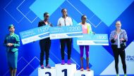 The podium winners of the women's Al Mouj Muscat Marathon, Ethiopia’s Astede Habtamu (second, left); silver winner, Kenya’s Perez Jerubet (left) and  Bency Cheruiyot with British former world  marathon champion Paula Radcliffe during the presentation cere