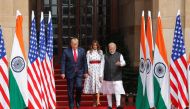 U.S. President Donald Trump, first lady Melania Trump and India's Prime Minister Narendra Modi walk ahead of their meeting at Hyderabad House in New Delhi, India, February 25, 2020. REUTERS/Adnan Abidi