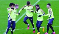 Manchester City's German midfielder Leroy Sane (L), Manchester City's Belgian midfielder Kevin De Bruyne (2L), Manchester City's English defender John Stones (C) Manchester City's Spanish midfielder David Silva (2R) and Manchester City's English midfielde